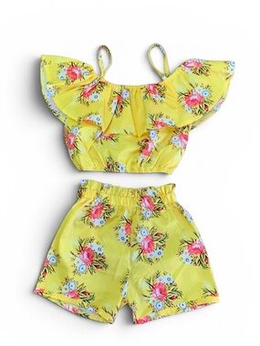Girls Yellow Floral Ruffle Two-Piece Short Set | Size 130 (Fits 5/6)